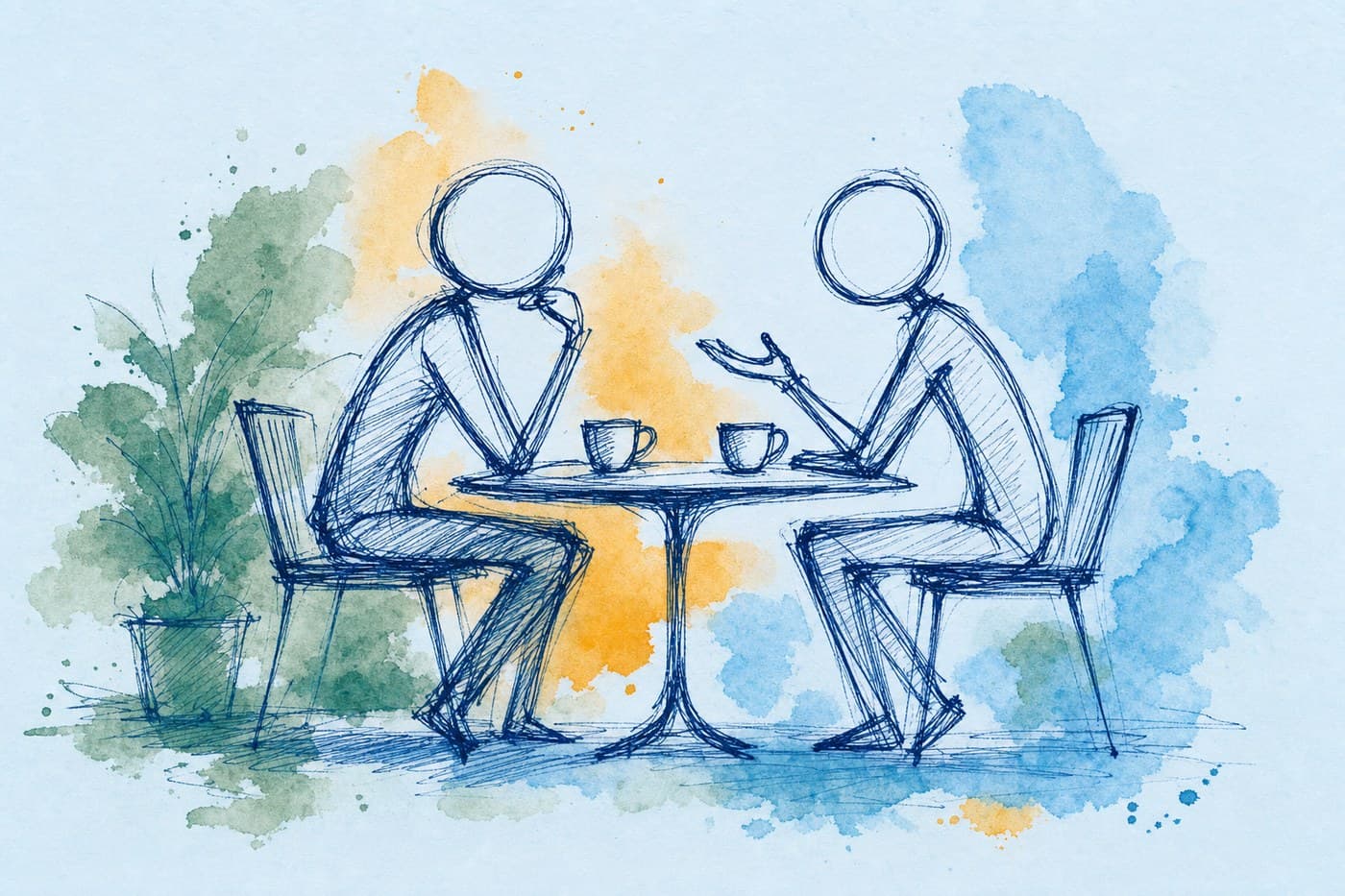 Ink sketch: two stick figures lean toward each other across a small table, one gesturing mid-sentence, two cups between them.