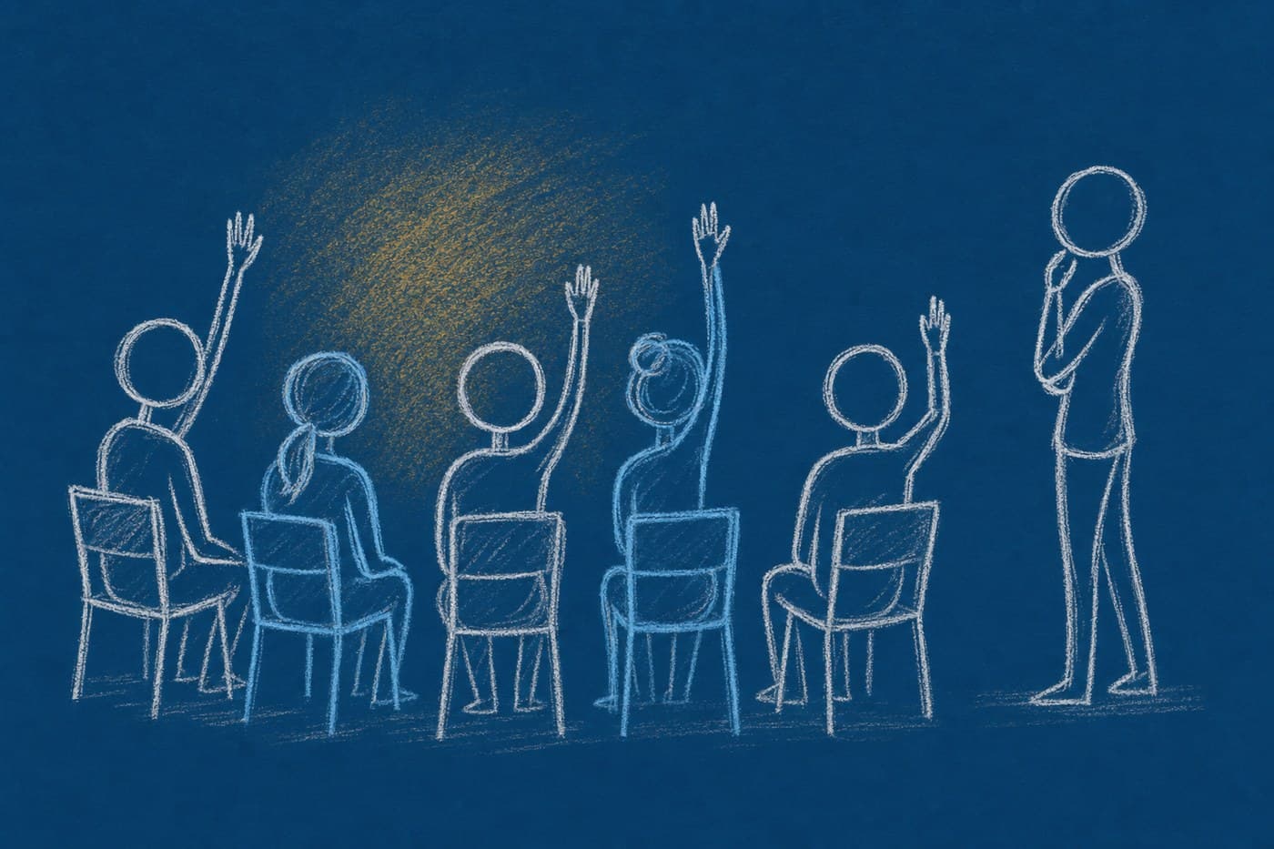 Chalk sketch on navy: a small seated audience of stick figures with three hands raised, and one standing figure listening with a hand at their chin.