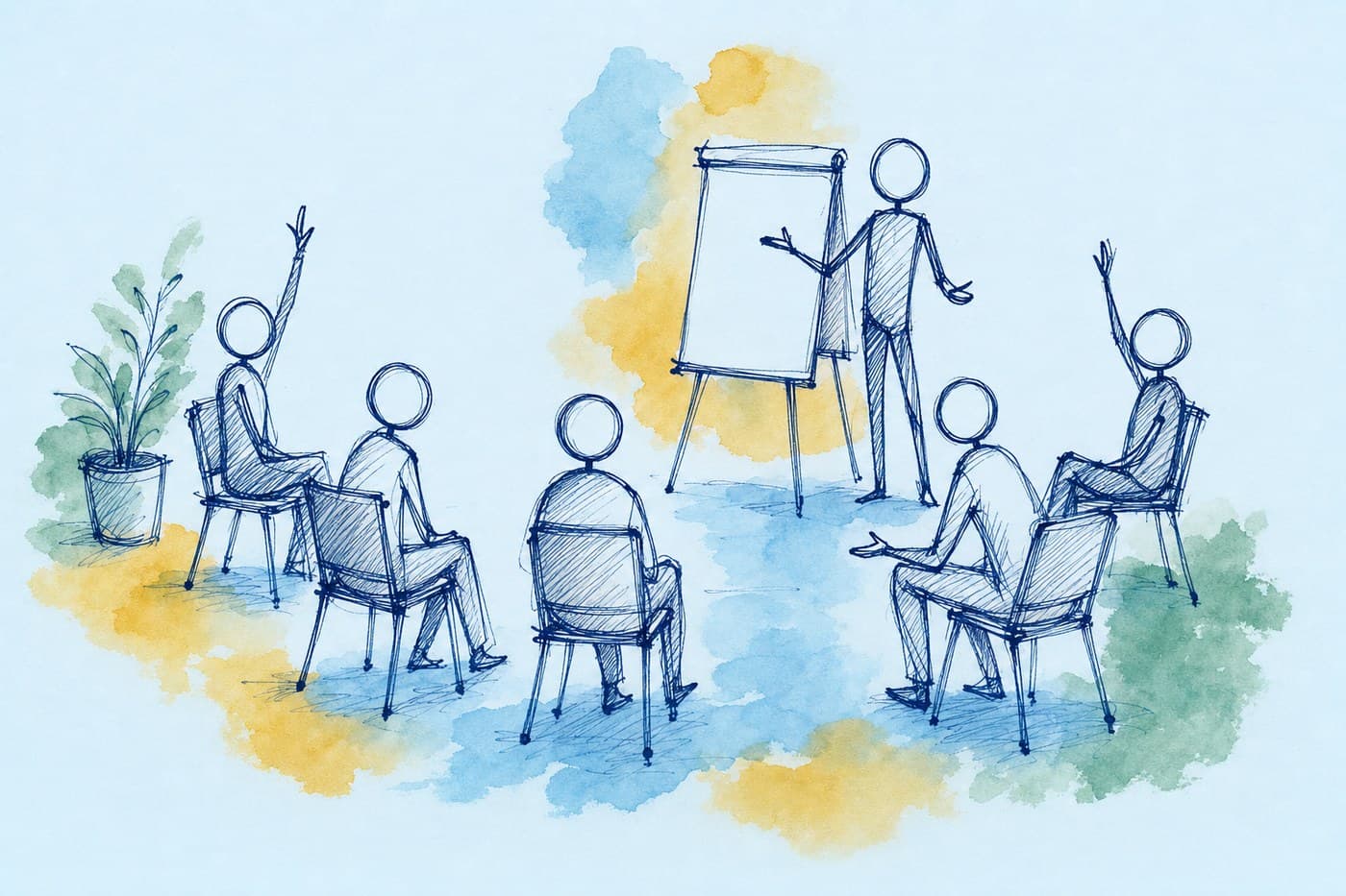 Ink sketch: an in-service circle of stick figures, one standing at a flip-chart easel, two with hands raised, watercolor washes behind the group.